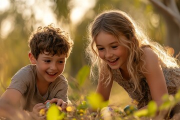 Happy children searching for Easter eggs outdoors at sunset
