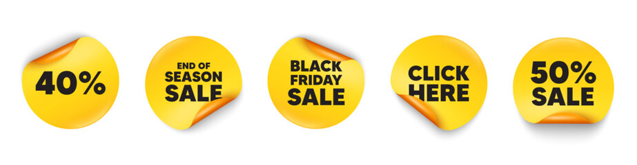 Discount sticker tag. 50 percent discount, Black friday paper price banners. 40 percent off sale tag. Discount offer price sign. Special offer symbol. Click here sticker. Vector