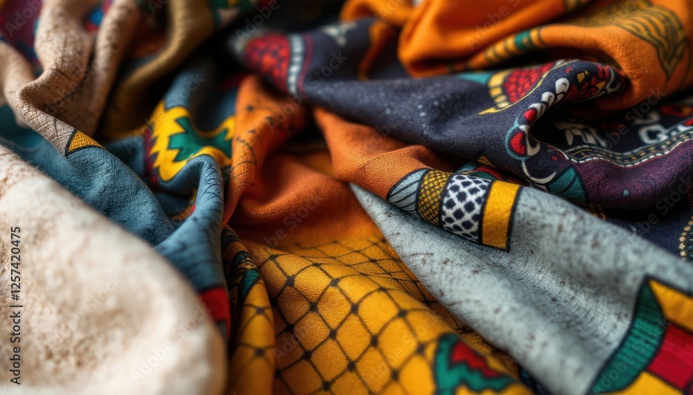 Poster colorful fabric with intricate patterns and textures in various hues