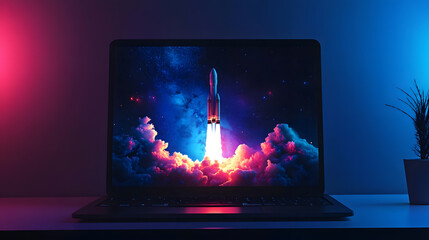 Rocket Launch on Laptop Screen - Neon Lights Startup Concept