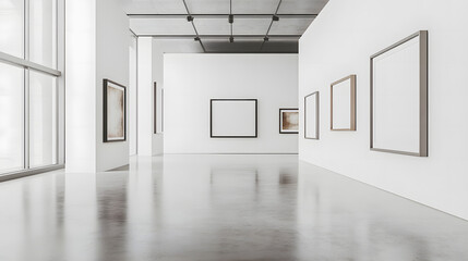 Modern Art Gallery Interior with Empty Frames and Polished Concrete Floor