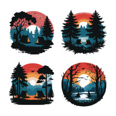 Nature Camping Vector Pack Beautiful Tents, Trees, and Sunset Views