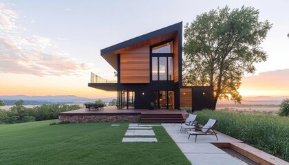 Modern Architect Designed House at Sunset with Garden
