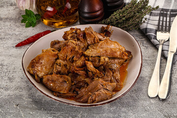 Shredded slow cooked pork meat