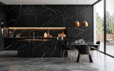 Dramatic black marble dining room, modern chairs, warm pendant lighting, luxurious and bold aesthetic