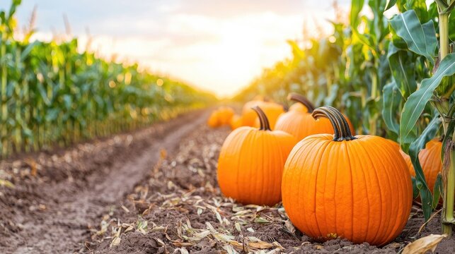 Pumpkins in cornfield at sunset, autumn harvest