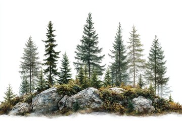 Fototapeta premium Majestic Evergreens Stand Tall on Rocky Mountaintop, Nature's Serene Beauty Unveiled in Breathtaking Vista
