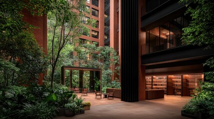 Fototapeta premium Lush Courtyard Oasis Within Modern Brick Building