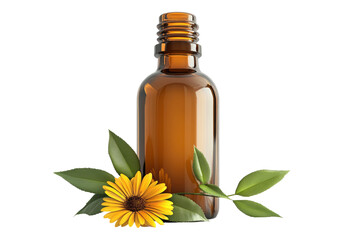 Amber glass bottle with sunflower and green leaves.