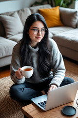 A young woman with long dark hair, wearing glasses and a cozy beige sweater, sits on the floor in a modern living room. She is smiling while holding a coffee cup and looking at her laptop on a table.