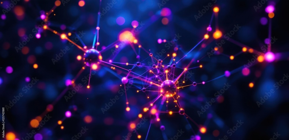 Poster abstract network of glowing connected dots and lines on dark background