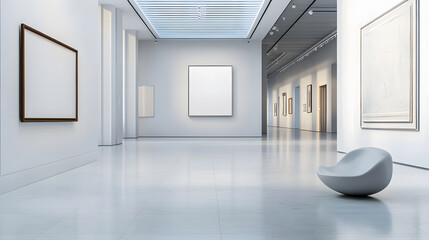 Modern Art Gallery Interior with Blank Canvas Mockups and Minimalist Seating