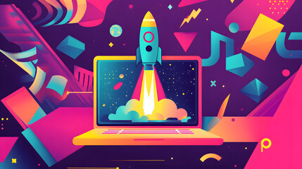 Rocket Launching from Laptop Screen Startup Success and Innovation Concept