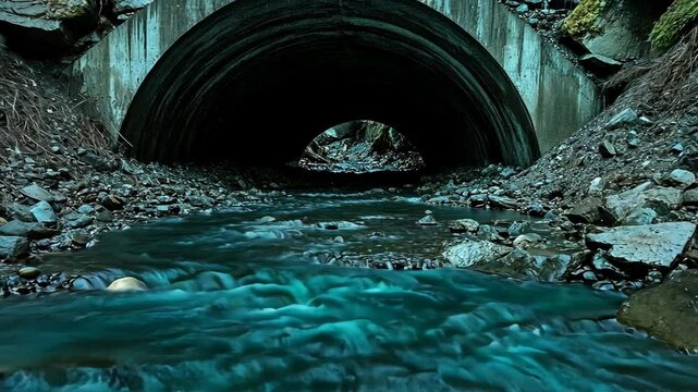 Water flowing through a concrete culvert in a rugged landscape surrounded by rocks and greenery