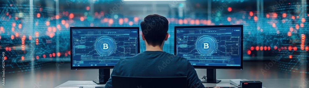 Poster Woman working at desk with two computer monitors displaying blueprint design and technical drawing