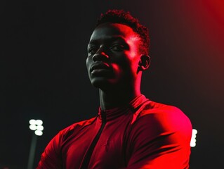 Captivating athlete exuding confidence in dramatic lighting during a twilight training session