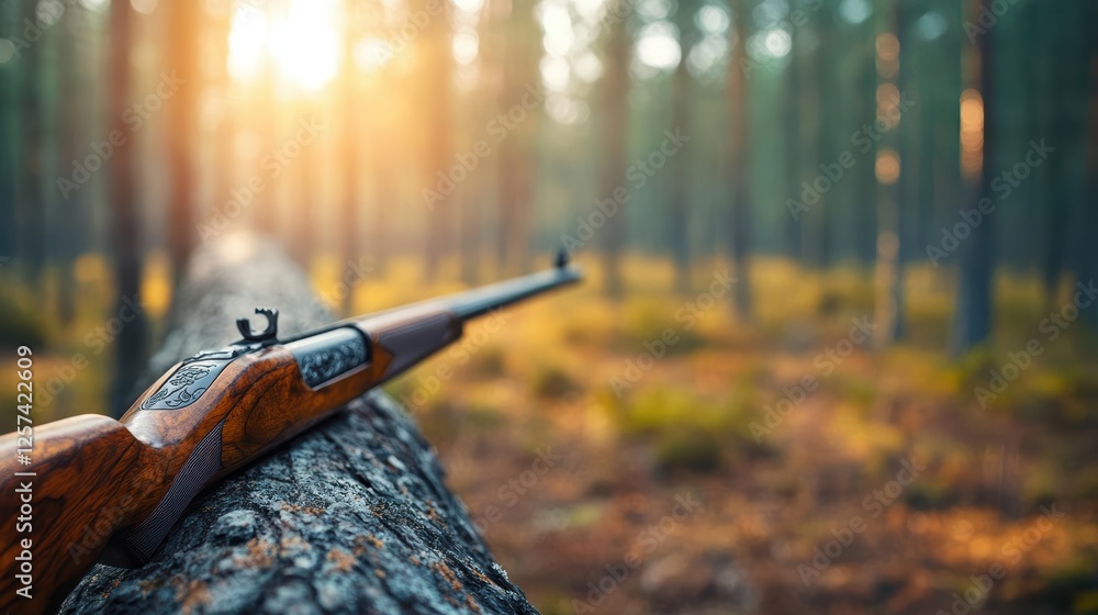 Poster rifle resting on a tree stump surrounded by lush greenery in a serene woodland setting