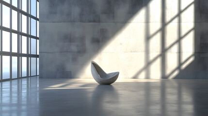 Minimalist Concrete Room with Modern Sculpture Chair and Sunlight