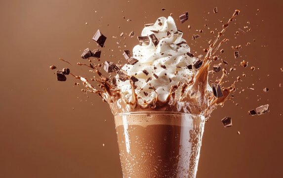 A rich chocolate milkshake exploding mid air with whipped cream and syrup splashes, pastel cocoa background