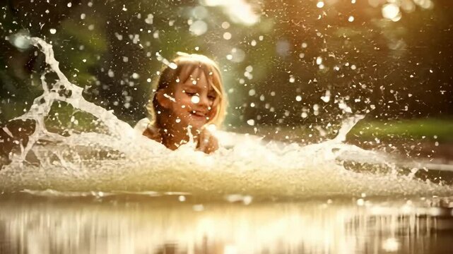 a small child is playing in a puddle