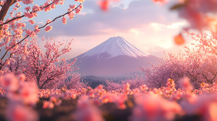 Serene Sunrise Mount Fuji and Cherry Blossoms in Japan