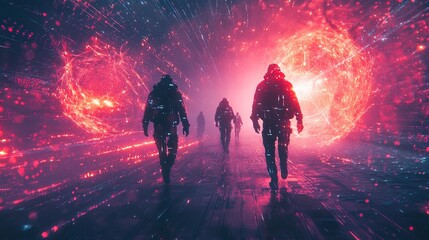 A dynamic futuristic abstract with glowing game characters, digital grids, and vibrant neon effects