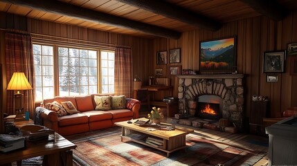 Cozy wooden cabin living room with fireplace, sofa, and snow scene view.