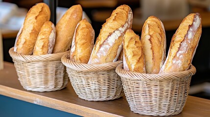 Freshly Baked Bread Loaves in Woven Baskets Displayed in a Cozy Bakery Setting