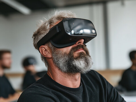 A lecture room filled with students wearing VR headsets, navigating a detailed simulation of a historical city.