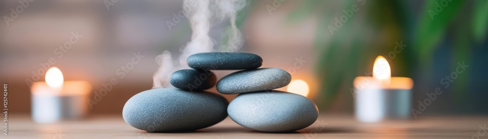 Poster stack of stones with a candle in the background creating a serene and peaceful atmosphere
