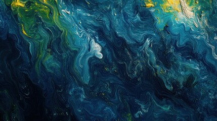 Abstract swirling paint texture, blue, green, yellow, dark background, design element