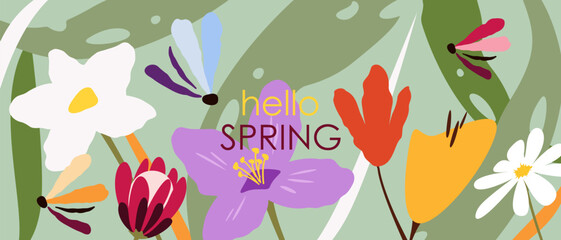 Hello spring.Background with spring flowers.Vector illustration.	