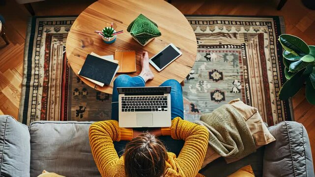 man works on laptop at home