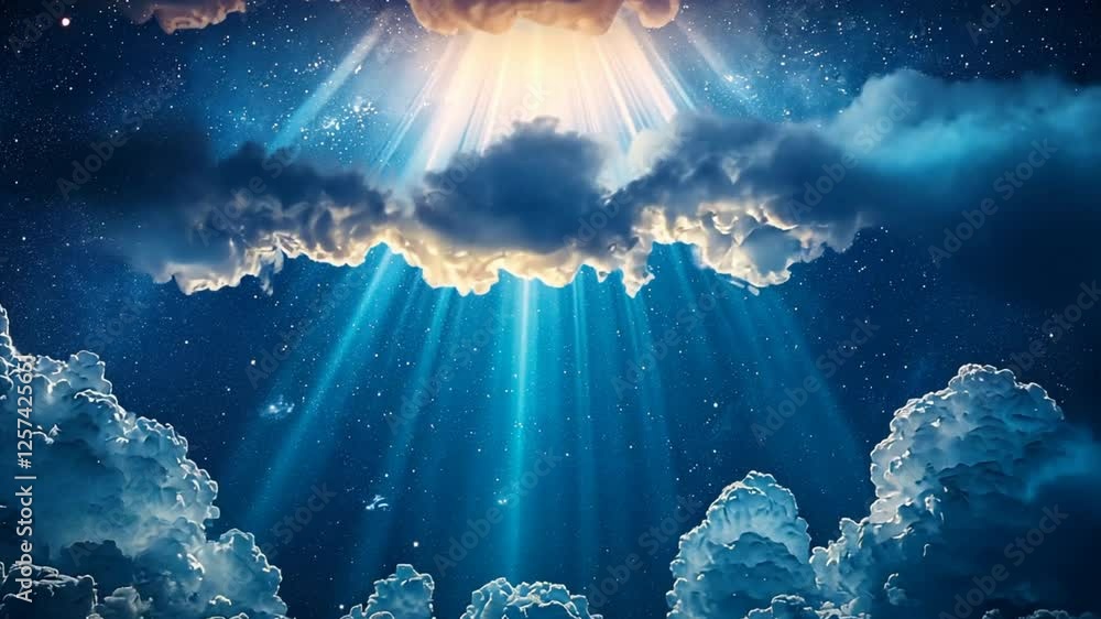 Wall mural celestial rays: divine light pierces through dark clouds, creating a breathtaking celestial scene fi