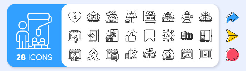 Balcony, Arena stadium and Home insurance line icons. Interest rate, AI generate, Inflation icons. Pack of Realtor, Food market, Entrance icon. Vector