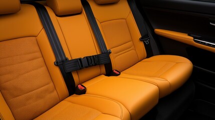 Fototapeta premium Seat belt and safety innovation, A stylish car interior featuring orange leather seats, designed for comfort and safety with seat belts securely in place.