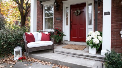 Fototapeta premium Autumnal porch decor, red door, white hydrangeas, brick house, cozy seating