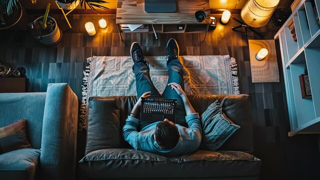 man works on laptop at home