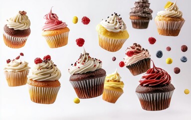 A variety of cupcakes soaring mid air with dynamic motion blur, bright white background