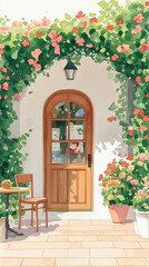 Fototapeta premium charming entrance with wooden door and vibrant flowers