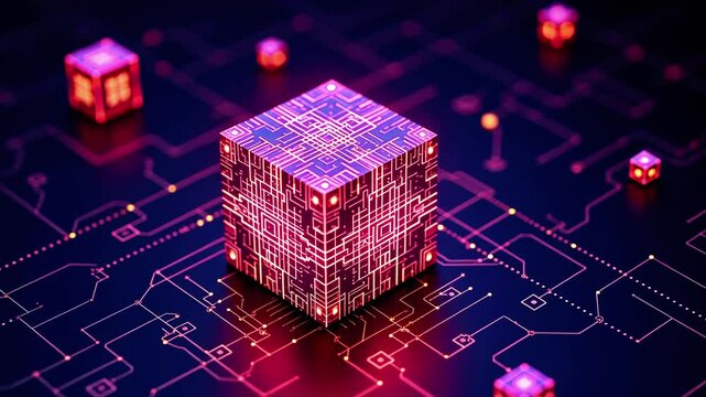 Abstract digital cube with glowing circuits and neon colors on a dark background, symbolizing technology