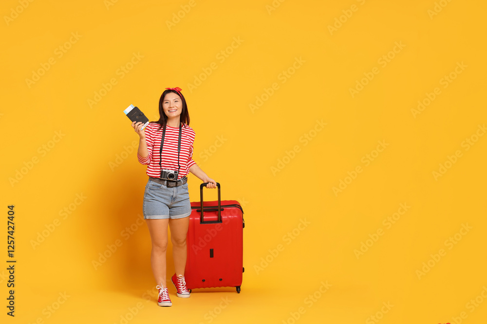 Wall mural Happy traveller with passport and suitcase on yellow background