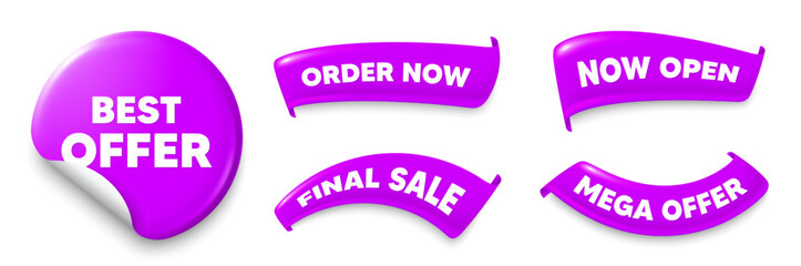 Best offer purple sticker, Sale offer ribbons. Final sale, Order now. Best offer tag. Special price Sale sign. Advertising Discounts symbol. Sticker badge. Flag ribbon banners. Vector