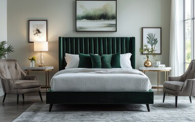Luxury modern bedroom, velvet upholstered bed in deep emerald, boucle armchairs, marble side tables, soft moody lighting, elegant and contemporary
