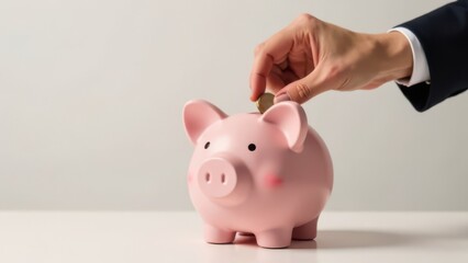 Businessperson inserting coin into piggy bank for savings
