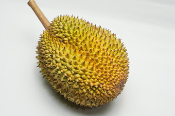 Durian fruit in Southeast Asia, Indonesia, the king of fruits, durian flesh is arranged and seen on a white background and on a bamboo mat.