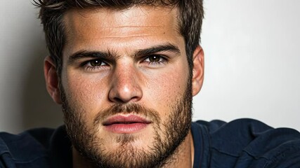 Young man with a strong jawline and intense gaze poses against a light background in a casual setting