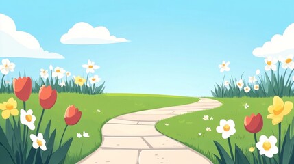Fototapeta premium Serene Springtime Path Winding Through a Flowery Meadow under a Blue Sky with Fluffy Clouds Daffodils and Tulips Bloom Abundantly