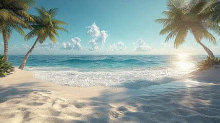 Serene beach scene with palm trees, turquoise water, and soft sand. Perfect for travel, vacation, or summer themed projects.