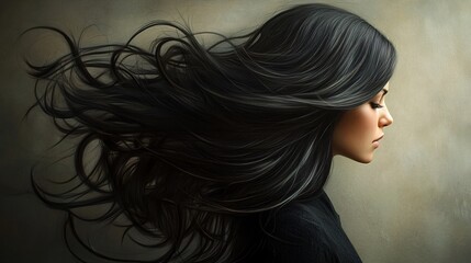 Naklejka premium Woman with Long Flowing Black Hair Profile